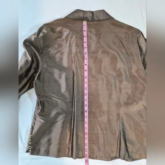 Allion Taylor Gold Silk Satin Band Collar V-Neck Blouse - Long Sleeve - Picture 6 of 7